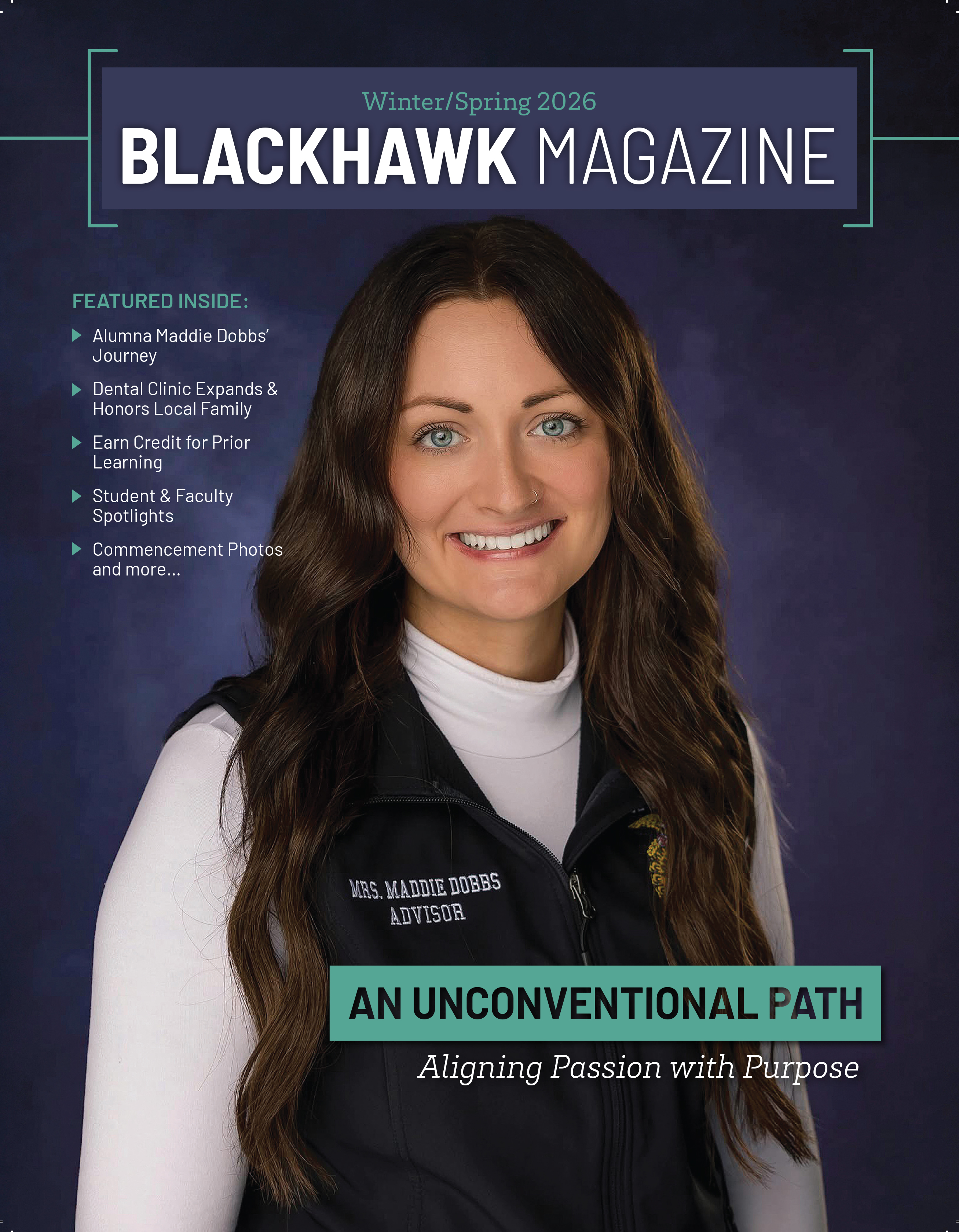 Blackhawk Magazine cover with alumna smiling at the camera